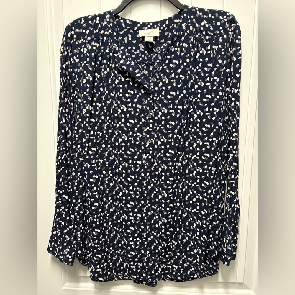 LOFT Navy and White Patterned Blouse